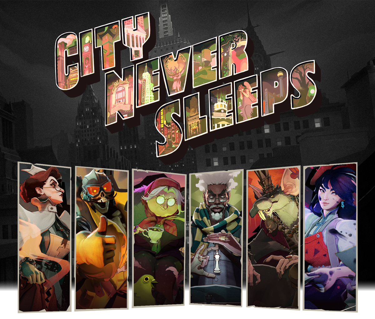 City Never Sleeps postcard-style logo above portrait cards of Deadlock's six new heroes