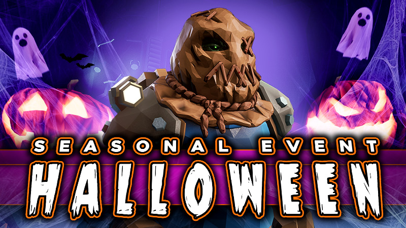 Deep Rock Galactic Halloween seasonal event banner: a dwarf wearing a sack scarecrow mask between glowing pumpkins and ghosts