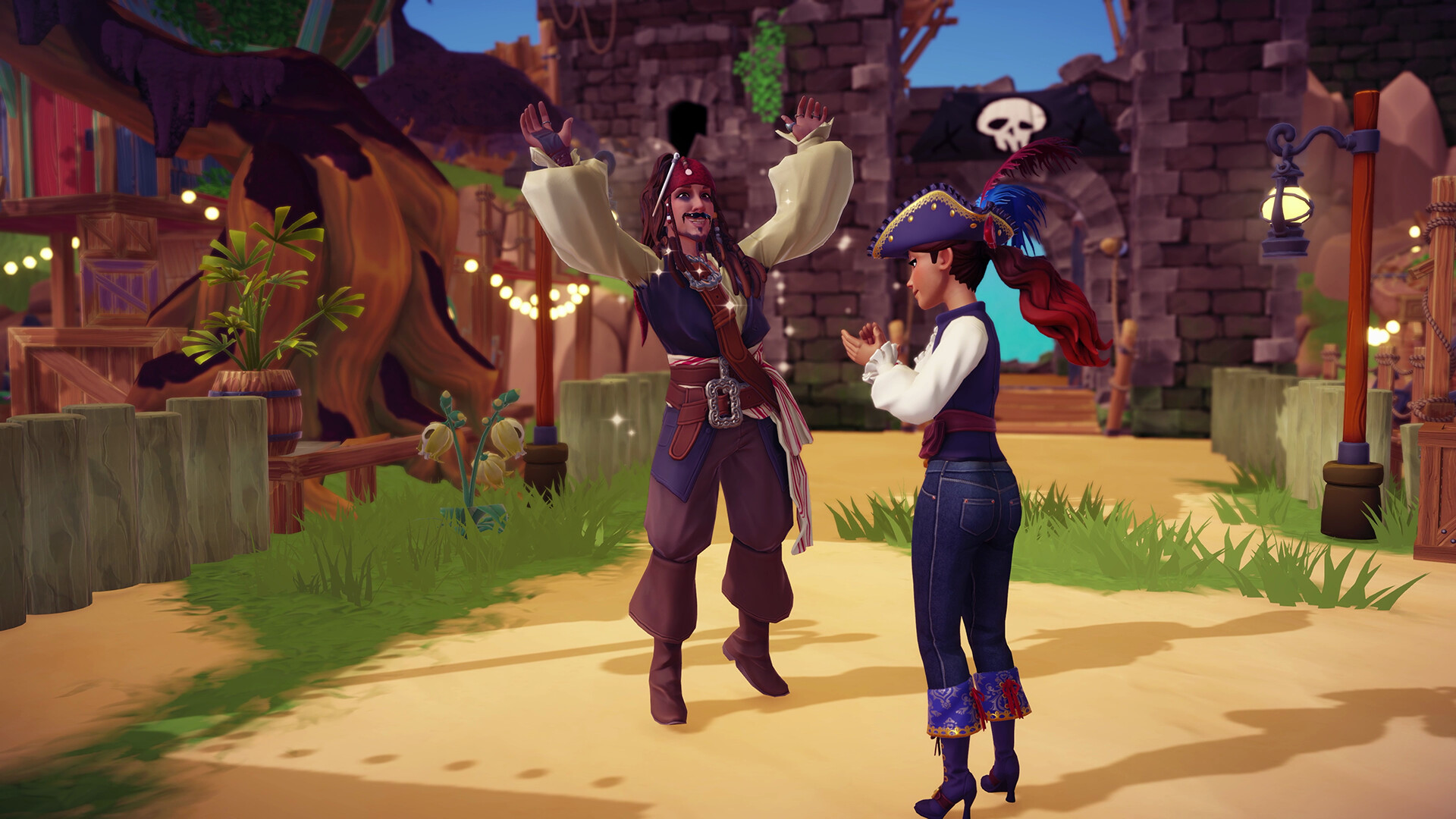 Disney Dreamlight Valley: The Keepsake Sea: Jack Sparrow dances with the player character in a pirate village at dusk