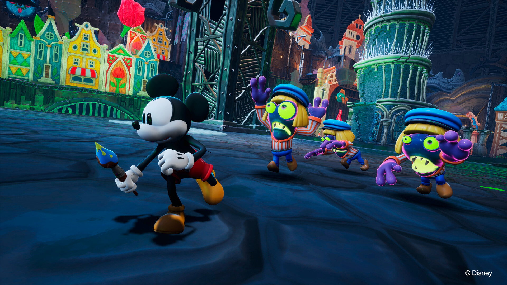 Mickey Mouse holds his magic brush as two striped, goggle-eyed creatures advance through a colourful town