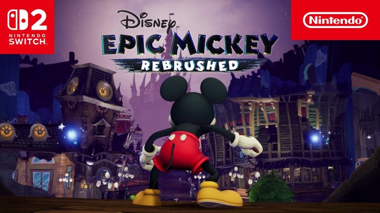 Mickey Mouse, seen from behind, faces a shadowy town under the Disney Epic Mickey: Rebrushed logo and Nintendo Switch 2 badge