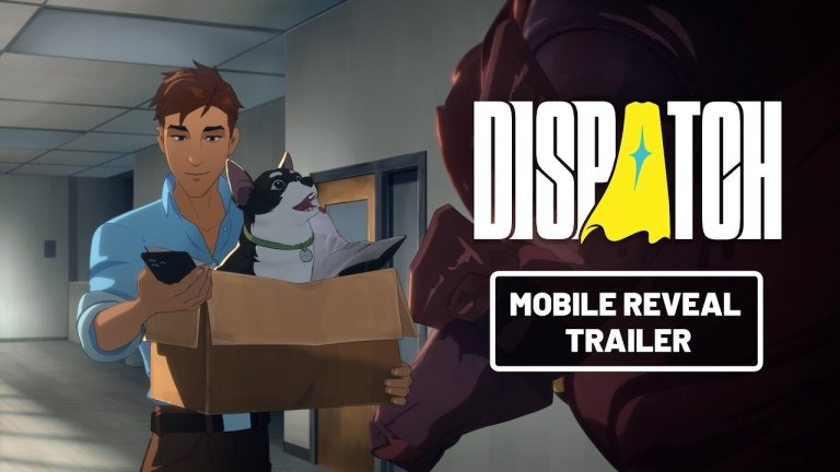A man carrying a dog in a cardboard box looks at his phone beside the Dispatch logo and the words Mobile Reveal Trailer.