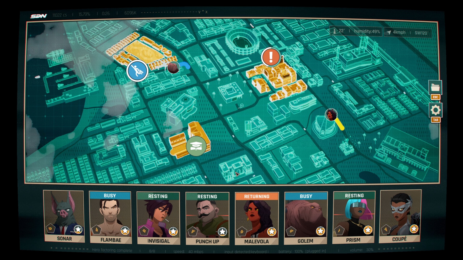 A green city map screen with incident markers above a row of eight hero cards in Dispatch.