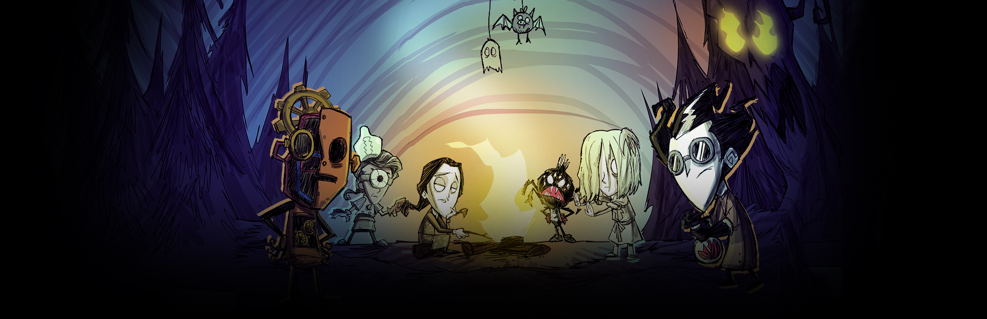 Don't Starve Together Hallowed Nights banner: the survivors gathered in a dark cave lit by a swirl of coloured light