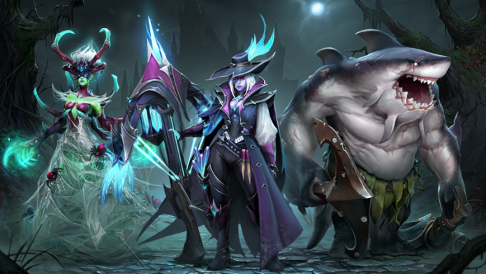 Dota 2 heroes in eldritch Trove of Terror sets, including a ghostly Drow Ranger and a shark-headed Tidehunter, in a dark forest