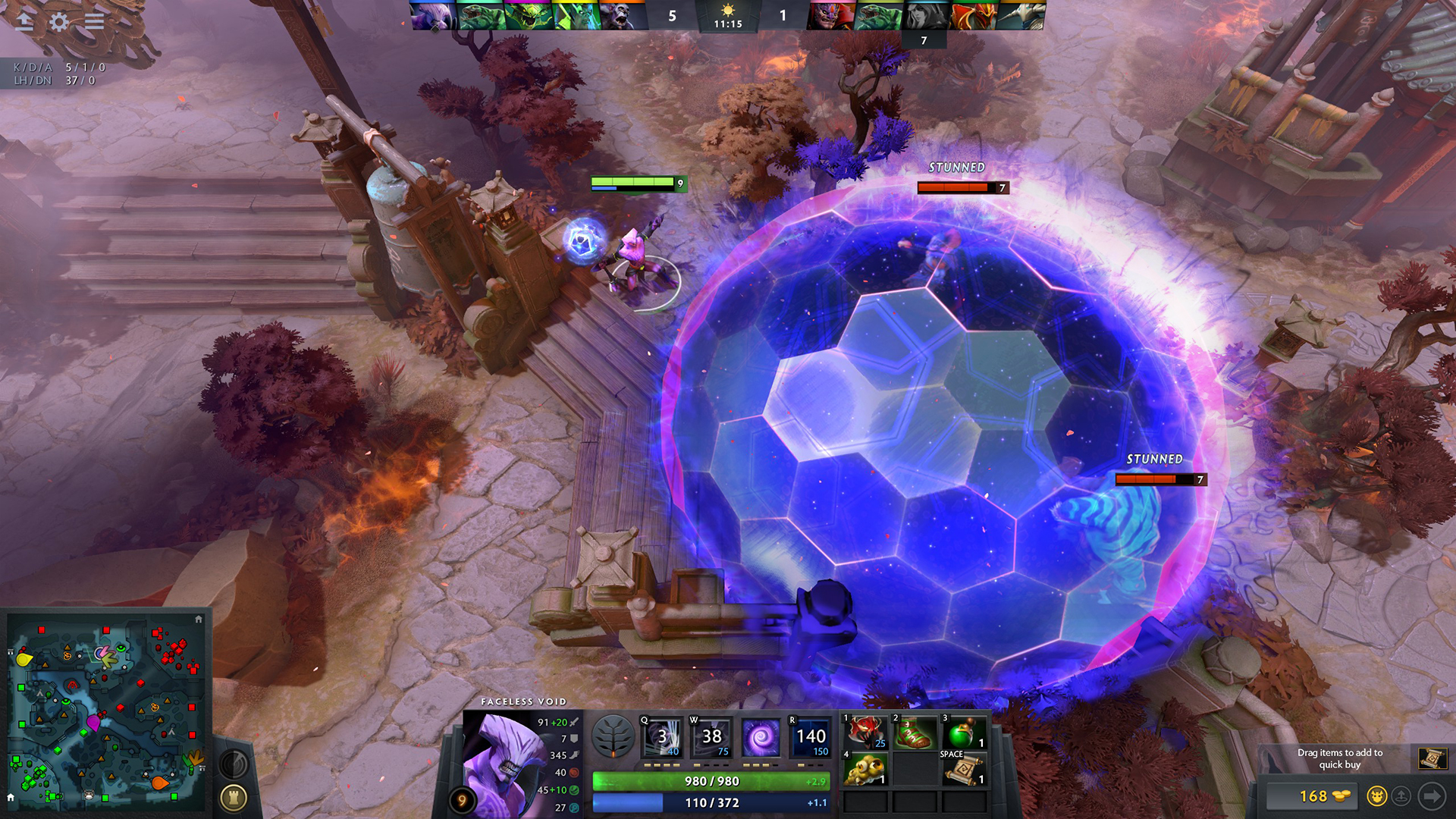A large blue hexagonal dome ability covers part of the battlefield in a Dota 2 match