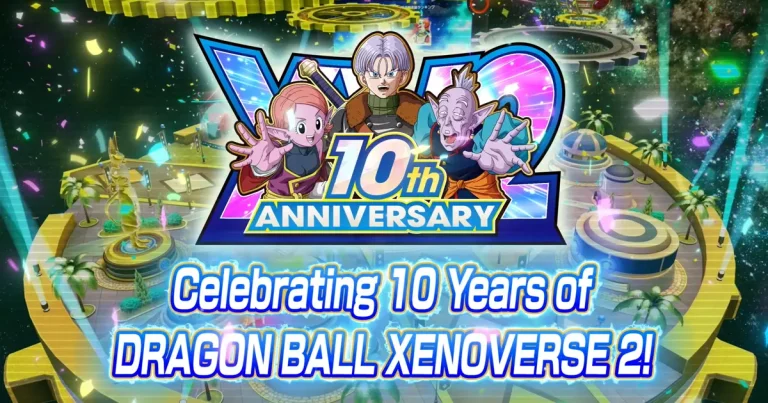 Anniversary artwork reading Celebrating 10 Years of Dragon Ball Xenoverse 2, with Trunks, the Supreme Kai of Time and Fu above a bright hub area.