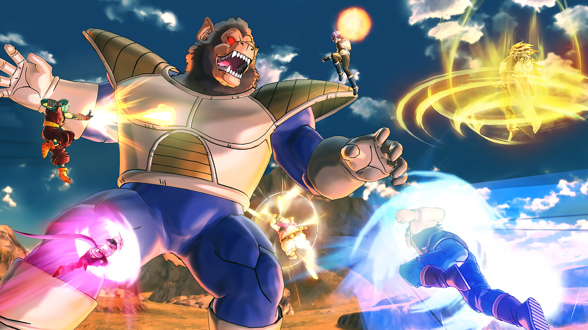 Several fighters trading energy blasts around a giant ape in armour under a blue sky in Dragon Ball Xenoverse 2.