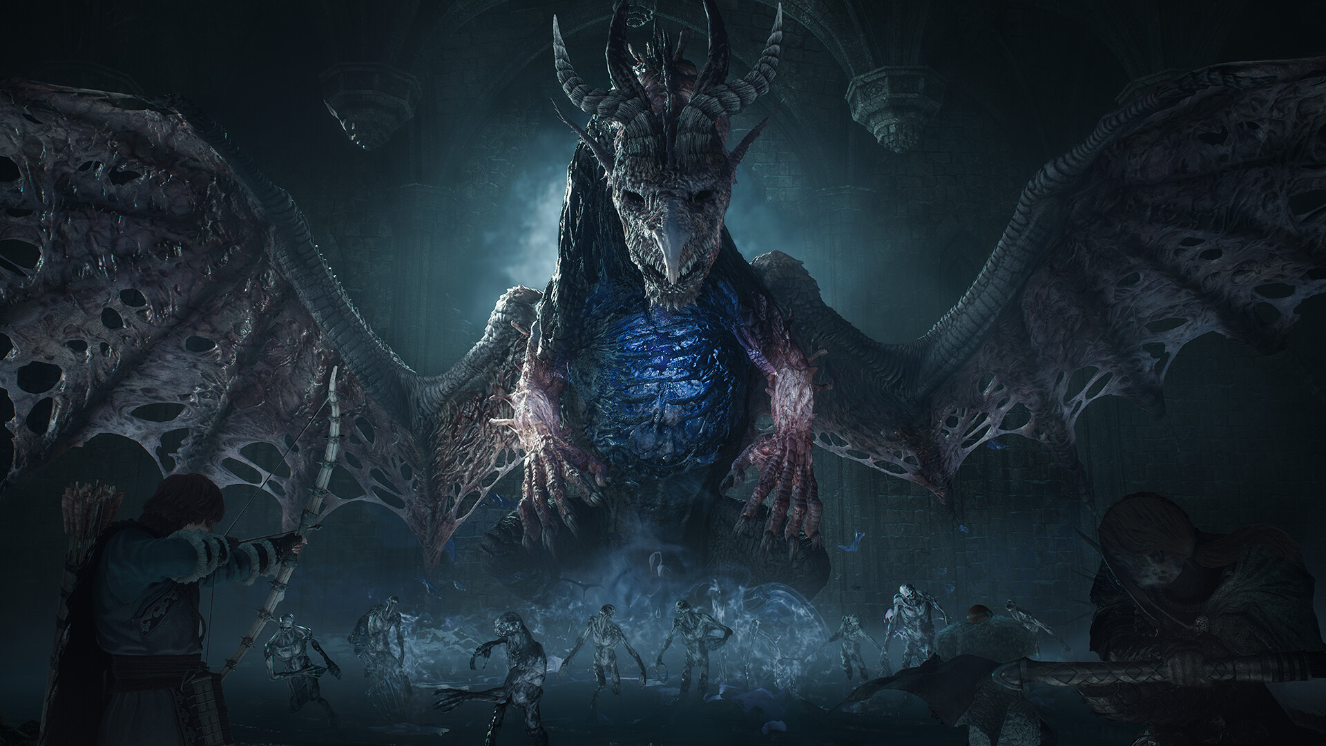 A skeletal, horned dragon with a glowing blue chest spreads its wings over a party and a horde of undead