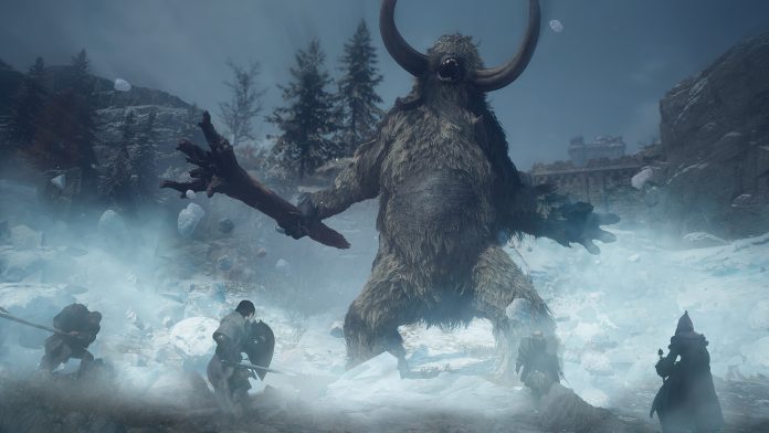 A huge horned, one-eyed giant swings a tree trunk at a party of adventurers in a snowstorm