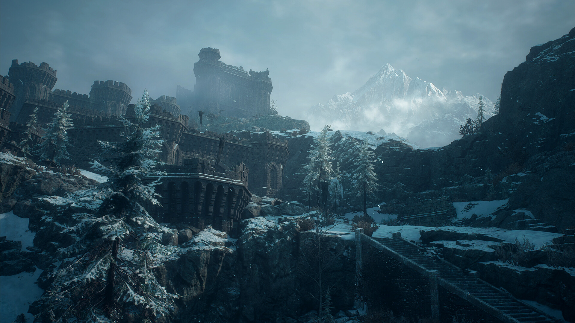 A stone fortress on a snowy, pine-covered mountainside under grey skies