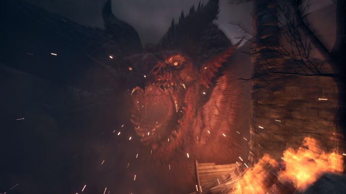 A red dragon roars amid sparks and flames beside a stone wall