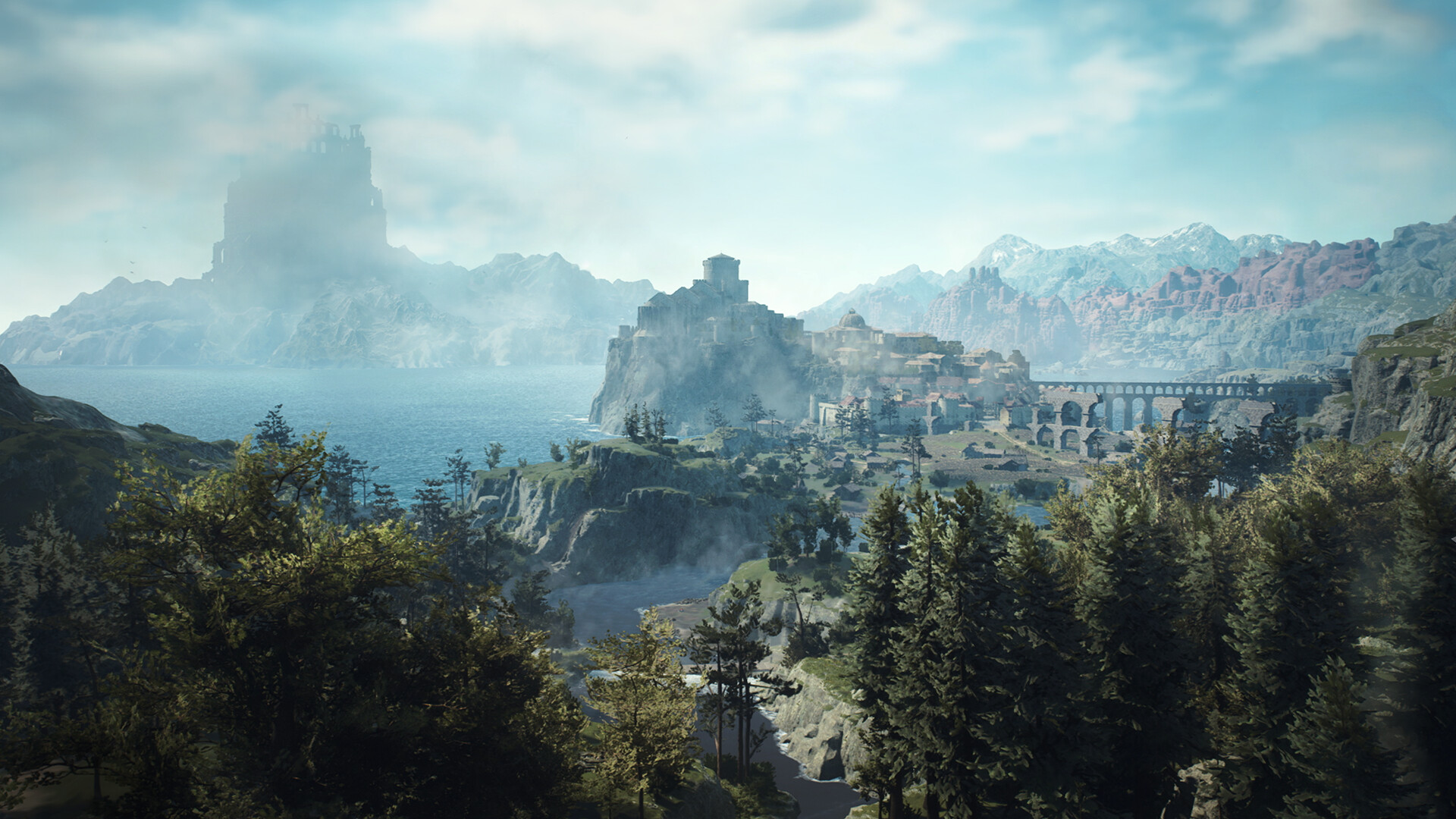 A wide view over forest and coast towards a castle town and a distant island fortress under a pale sky