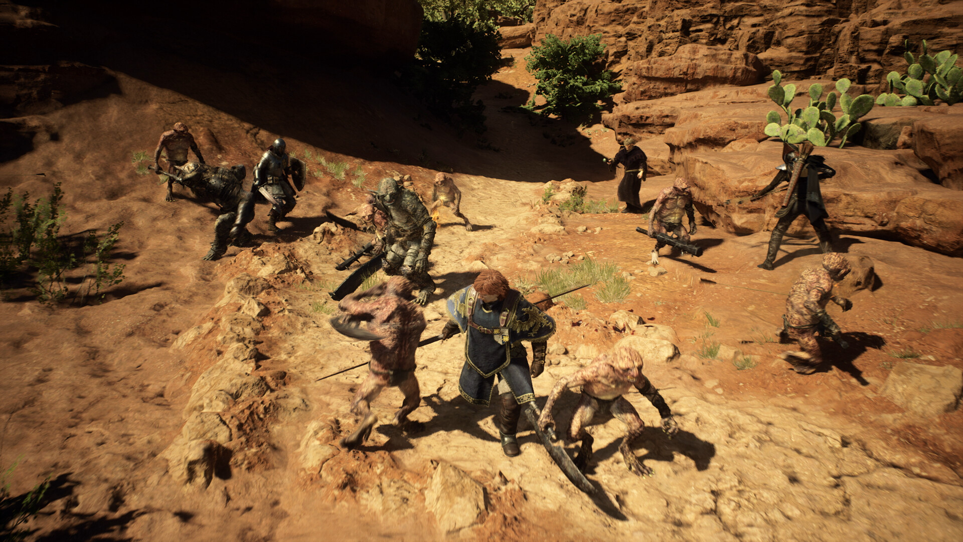 A party of fighters battles a pack of goblins on a sunlit rocky canyon floor