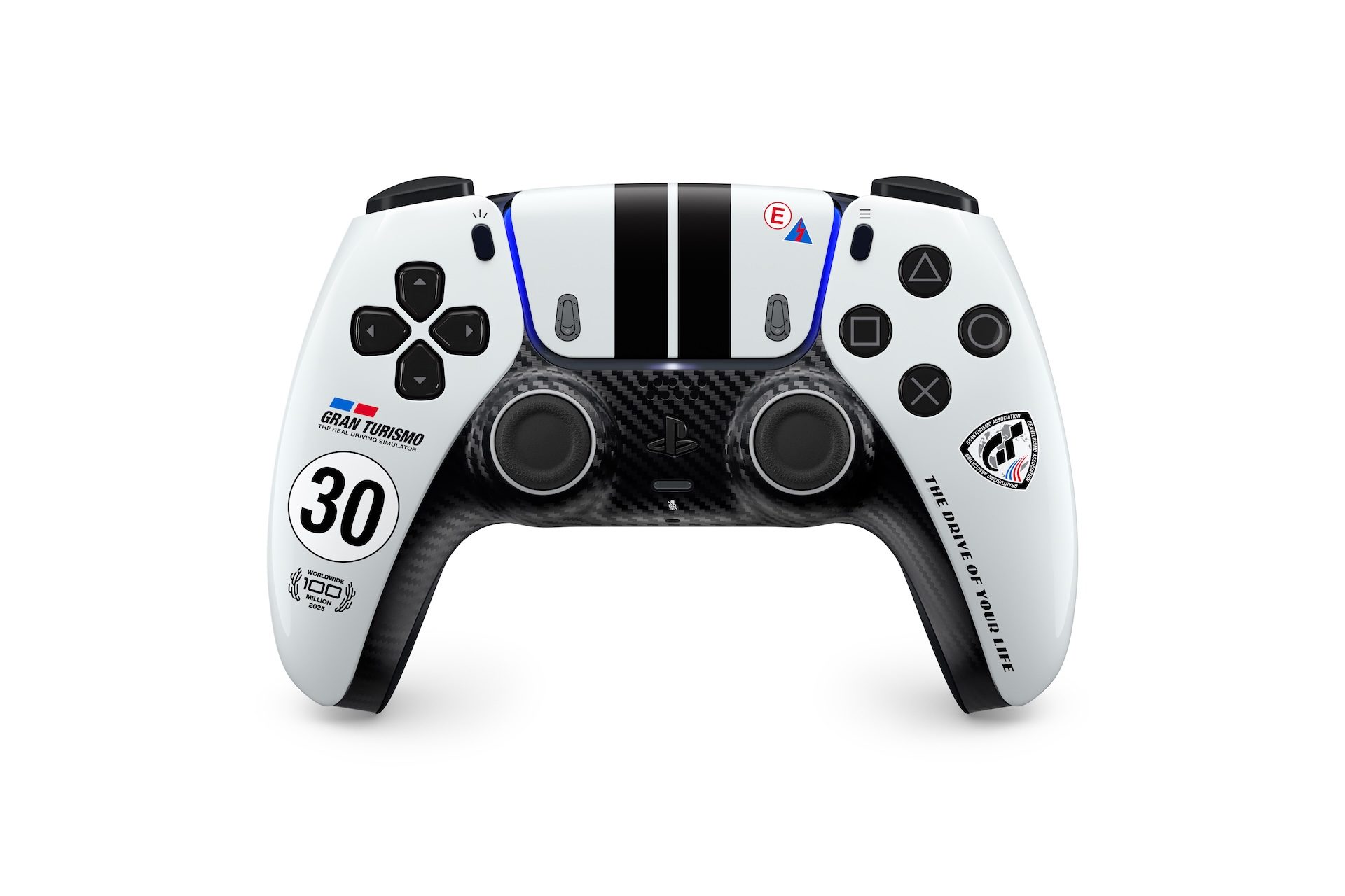 A white DualSense controller with black racing stripes, a number 30 roundel and a carbon-fibre style front plate, the Gran Turismo Limited Edition