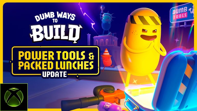 A yellow bean character in a hard hat beside the Dumb Ways to Build Power Tools and Packed Lunches Update logo