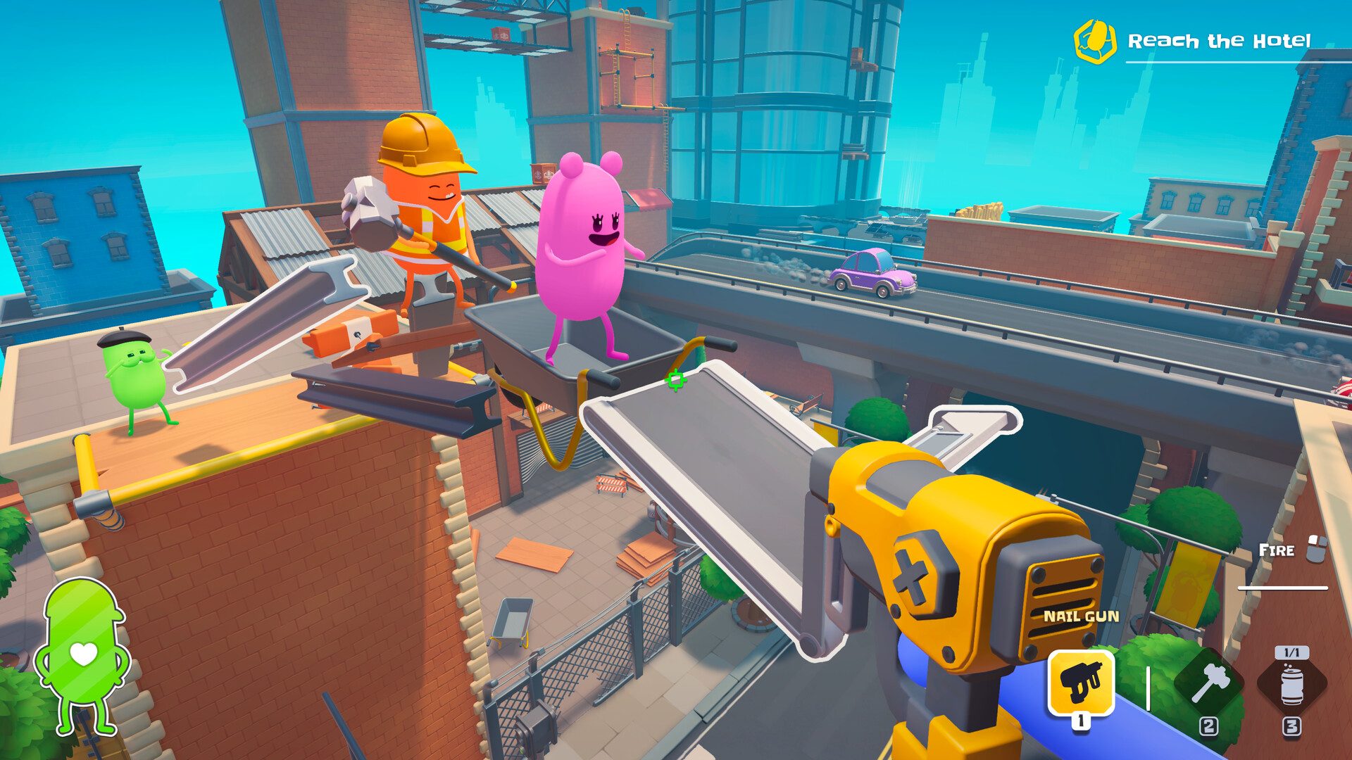 First-person view holding a nail gun as bean characters carry steel beams across a rooftop building site
