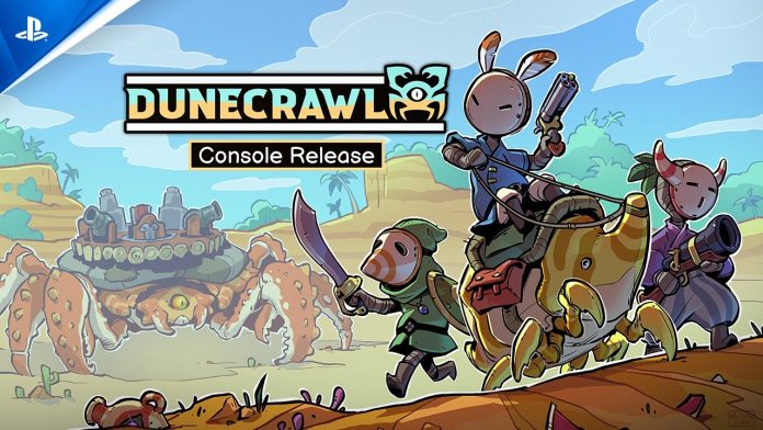 DuneCrawl Console Release key art: three masked adventurers, one riding a beetle, walk ahead of a giant crab carrying a town