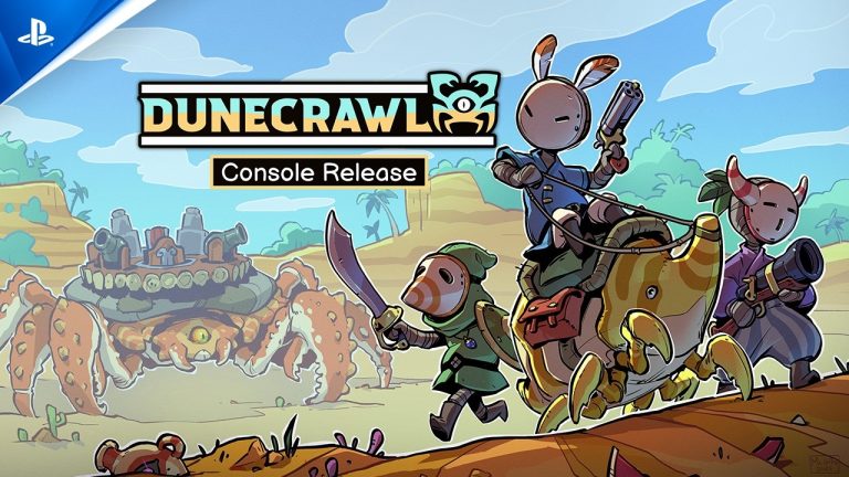 DuneCrawl Console Release key art: three masked adventurers, one riding a beetle, walk ahead of a giant crab carrying a town