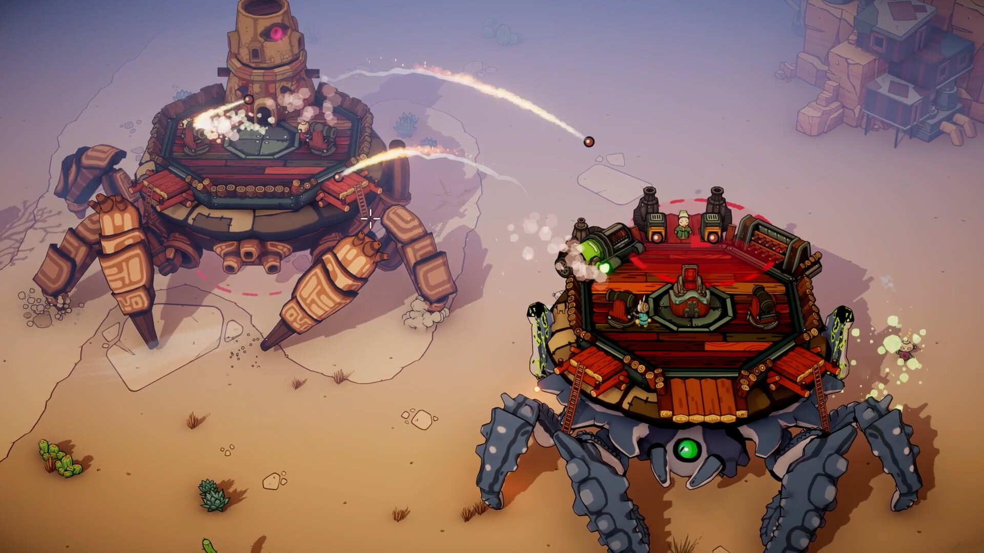 Two giant crab crawlers carrying wooden decks trade cannon fire across the desert sand