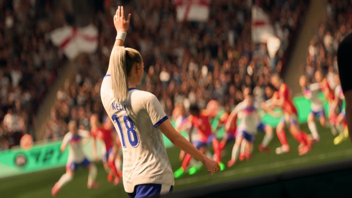 EA Sports FC 27 England player celebrating in front of a crowd. Image EA Canada and EA Romania An England player wearing number 18 raises an arm to the crowd as other players run across the pitch in EA Sports FC 27.