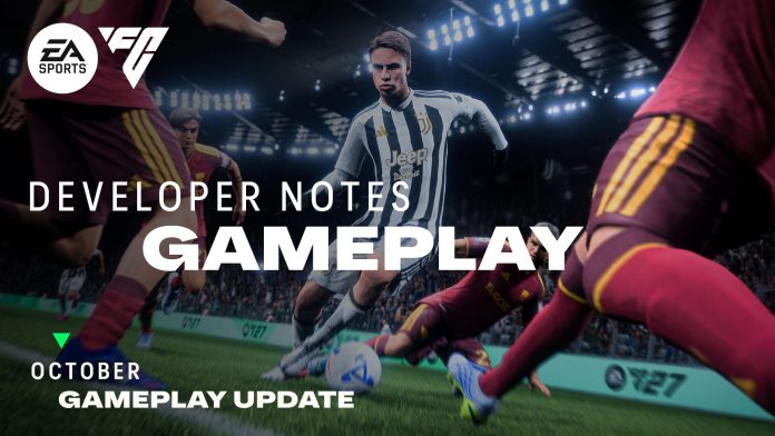 EA Sports FC 27 banner reading Developer Notes Gameplay, October Gameplay Update, over a player dribbling past defenders