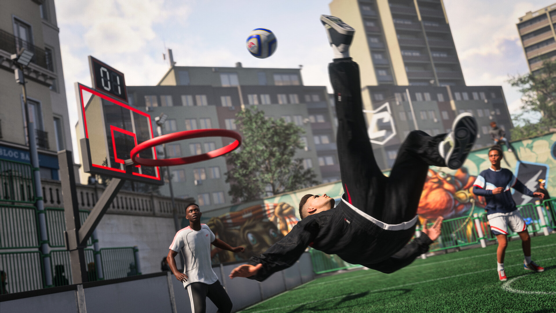 A player attempts an overhead kick on a small street pitch beside a basketball hoop and apartment blocks in EA Sports FC 27.