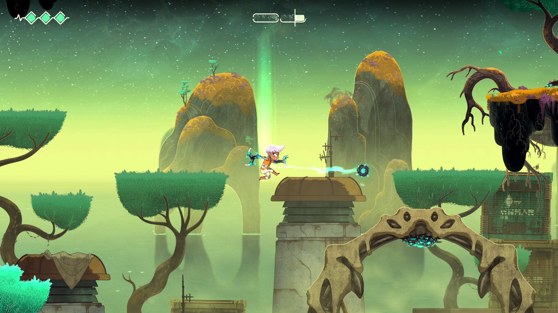 A small character dashes between floating platforms in a green, glowing 2D landscape