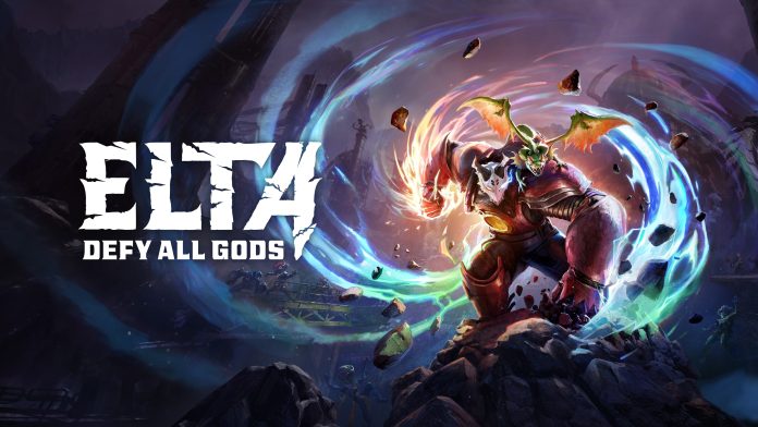 Elta: Defy All Gods key art, a red-armoured warrior with a small winged dragon on his shoulder amid a swirling energy vortex