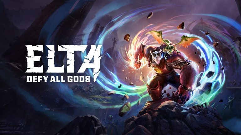 Elta: Defy All Gods key art, a red-armoured warrior with a small winged dragon on his shoulder amid a swirling energy vortex