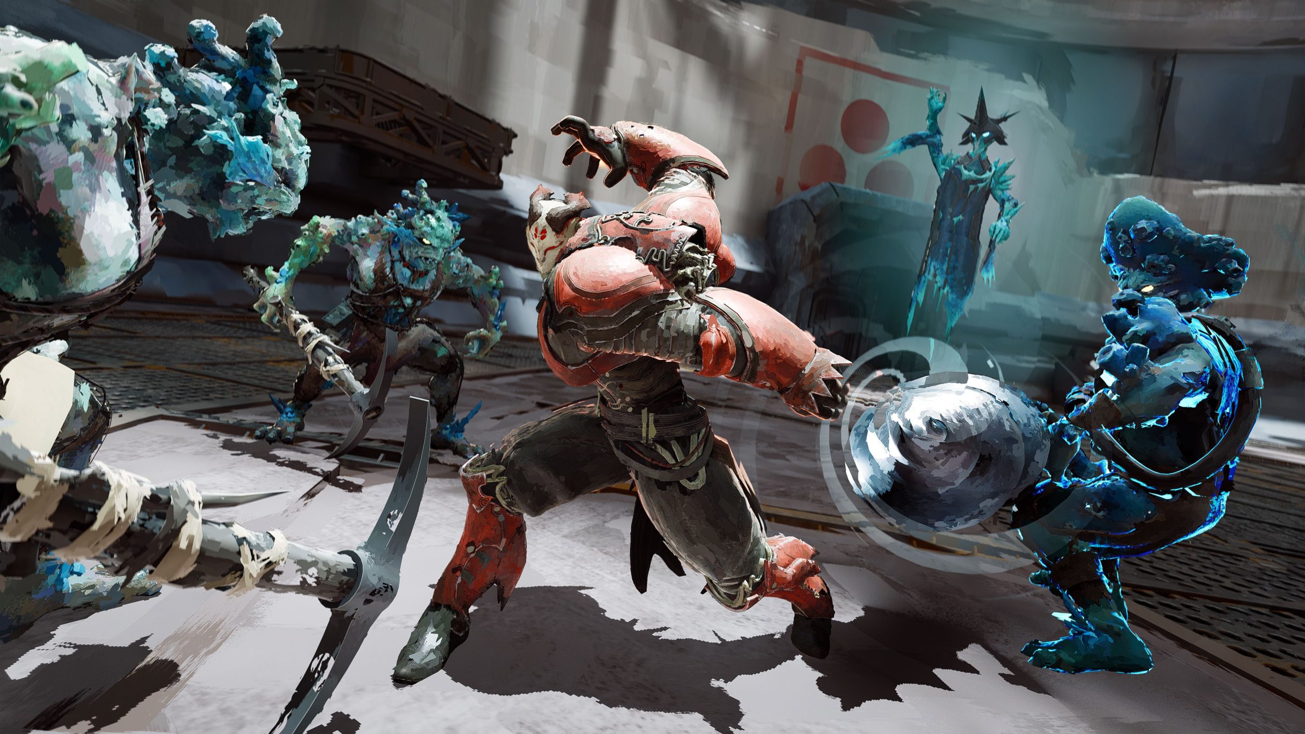A red-armoured warrior swings a glowing energy ball at a pack of crystalline blue enemies on a grey stone arena floor