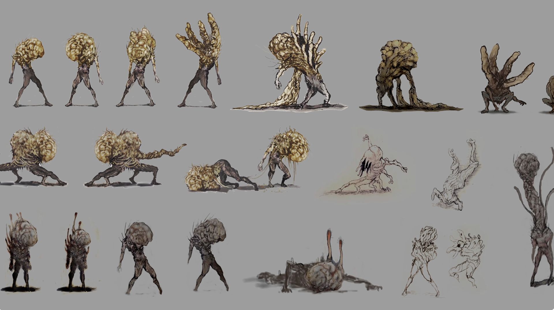 Rows of pencil concept sketches of twisted, fungus-like creatures for End of Abyss