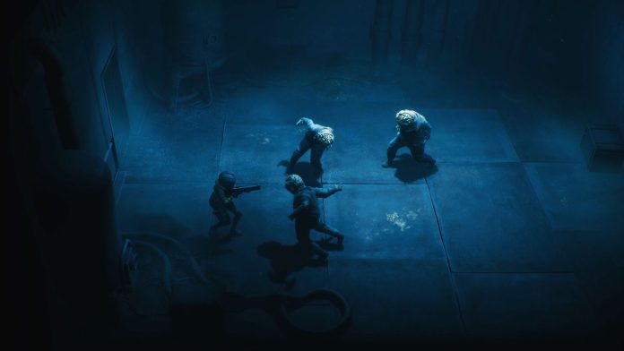End of Abyss screenshot. Image: Section 9 Interactive Several pale creatures gather in a dark, blue-lit underground chamber in End of Abyss
