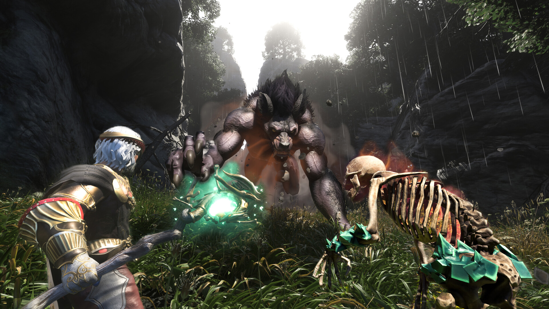 A white-haired mage in gold armour holds a glowing green staff as a large dark beast charges through a rainy gorge beside a skeleton animal.