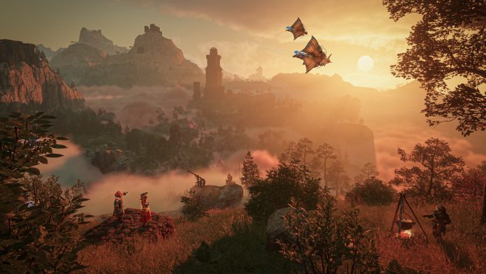 Enshrouded - a misty valley at sunset with gliders overhead. Image Keen Games Two players on a rocky ledge watching a pair of gliders cross a misty, sunlit valley with a tower in the distance in Enshrouded