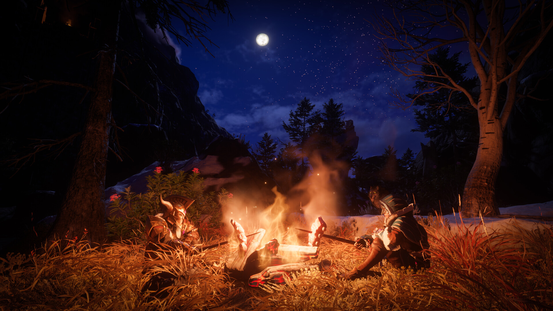 Two armoured characters sit on either side of a campfire roasting meat on sticks under a starry night sky with a full moon.