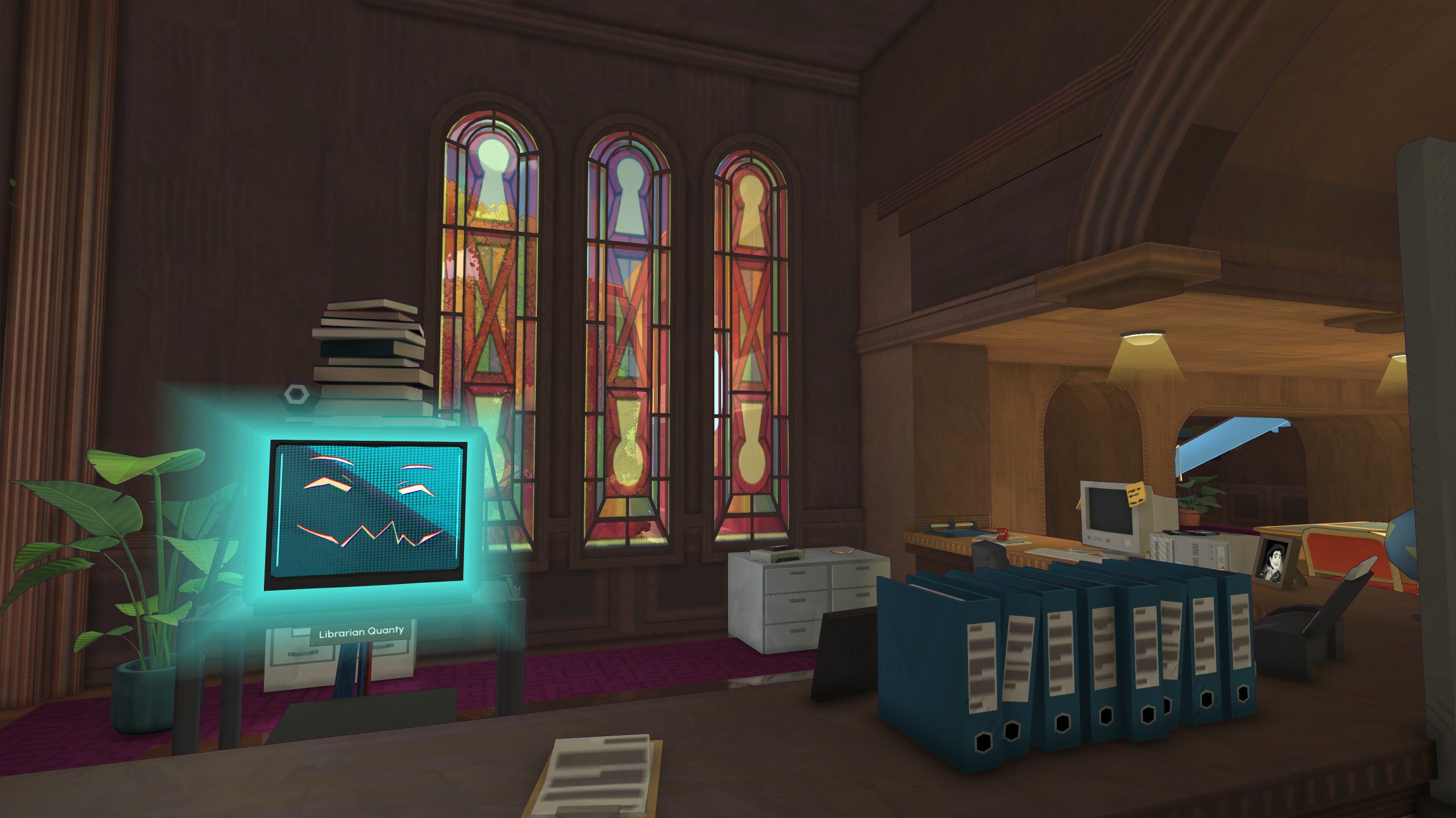 The inside of a library in Escape Academy 2: Back 2 School, with three keyhole stained-glass windows, a glowing monitor labelled Librarian Quanty and a row of blue folders on a desk