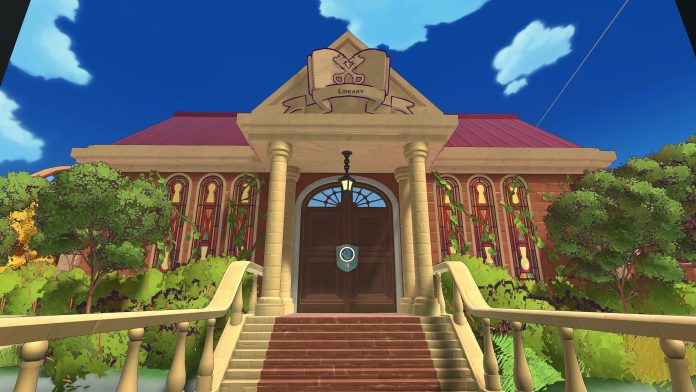 A brick library building in Escape Academy 2: Back 2 School, with a keyhole-shaped stained-glass window, a pillared entrance and steps up to a wooden door under a blue sky