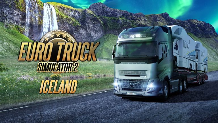 A Volvo truck hauling two motorhomes along a road beneath a waterfall and the northern lights, with the Euro Truck Simulator 2 Iceland logo