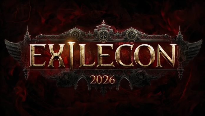 The ExileCon 2026 logo in gold metal lettering on a dark red background