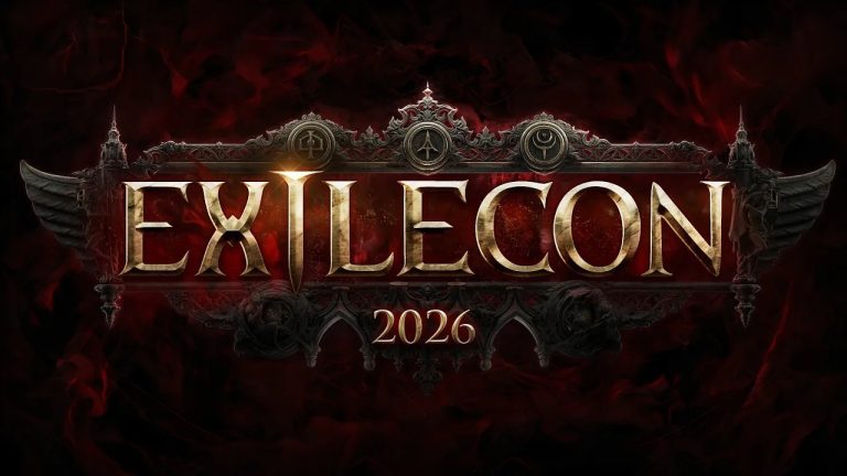 The ExileCon 2026 logo in gold metal lettering on a dark red background