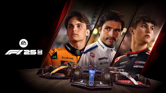 F1 25 key art showing three drivers above McLaren, Williams and Haas Formula 1 cars