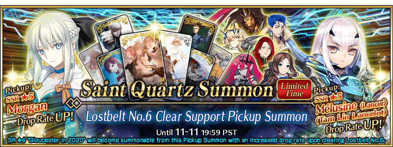 Fate/Grand Order Saint Quartz Summon banner for the Lostbelt No.6 Clear Support Pickup Summon, featuring Morgan and Melusine