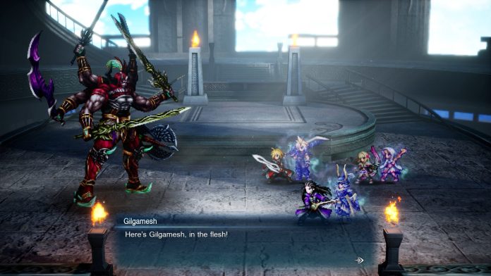 Pixel-art battle scene in Final Fantasy Resonance with a party facing Gilgamesh, who says "Here's Gilgamesh, in the flesh!"
