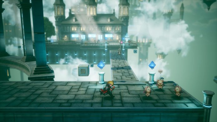 Final Fantasy Resonance – a moogle-filled sky-city walkway screenshot. Image: Square Enix A pixel-art hero runs along a stone walkway beside three moogles, with a floating manor and crystals behind, in a Final Fantasy Resonance screenshot.