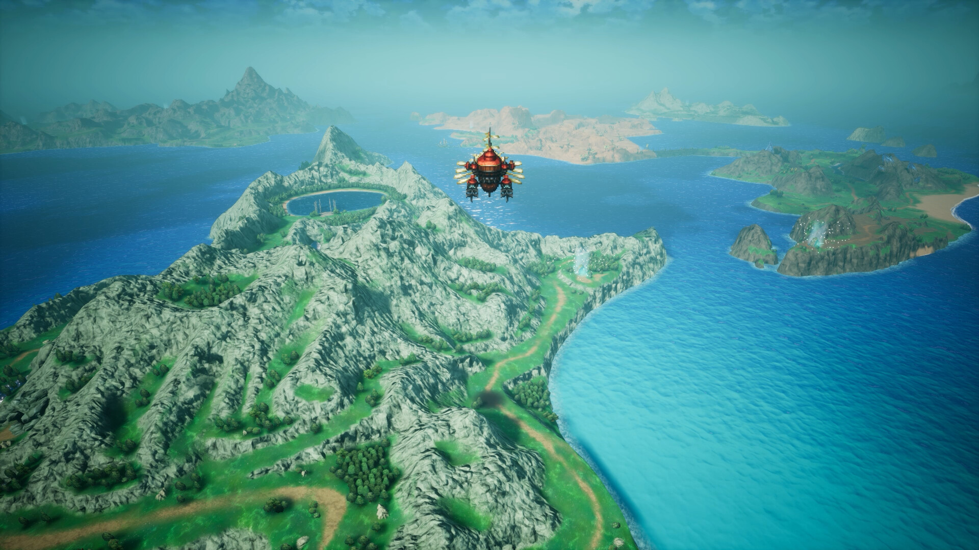 Final Fantasy Resonance. A red airship flies over green mountains and a blue sea.