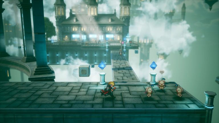 Final Fantasy Resonance. A pixel-art swordsman runs along a stone walkway toward three moogles, with a floating mansion town behind. Image: Square Enix