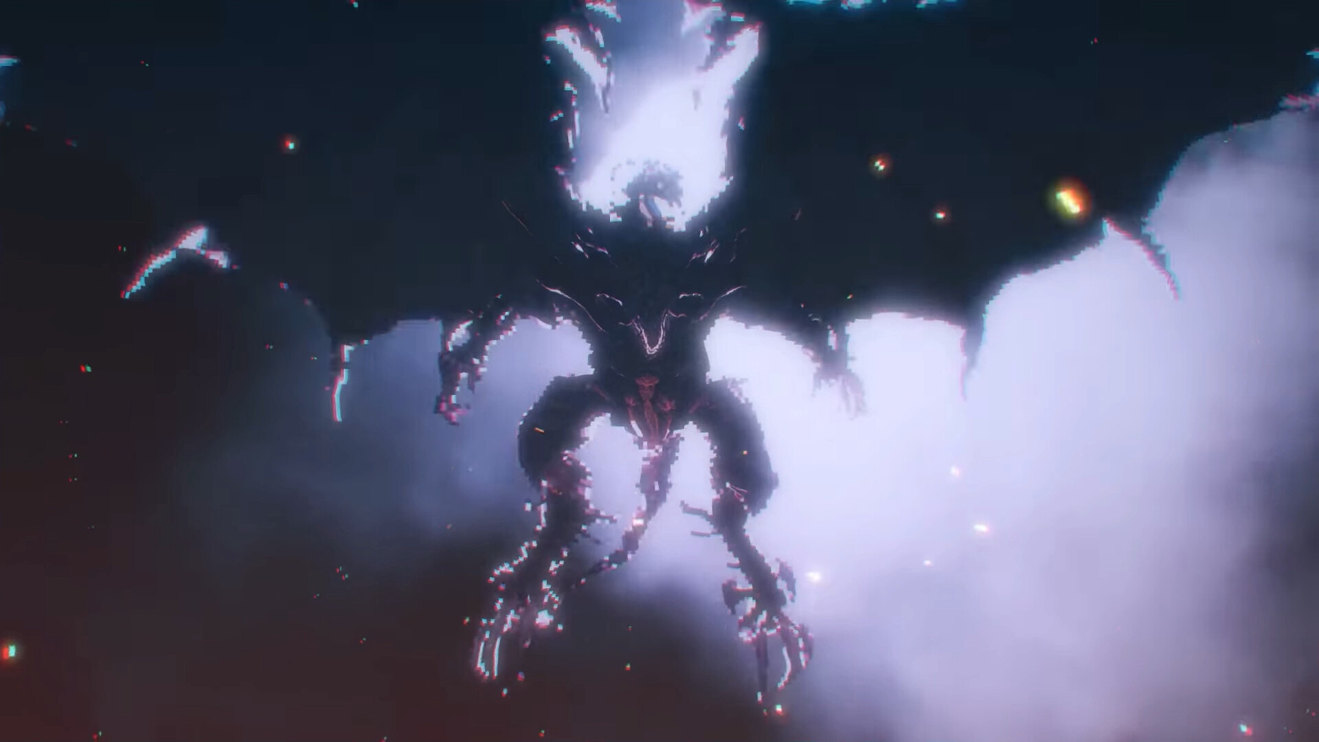 A winged, pixelated creature with glowing edges hangs in white smoke against a dark sky, in a Final Fantasy Resonance screenshot.