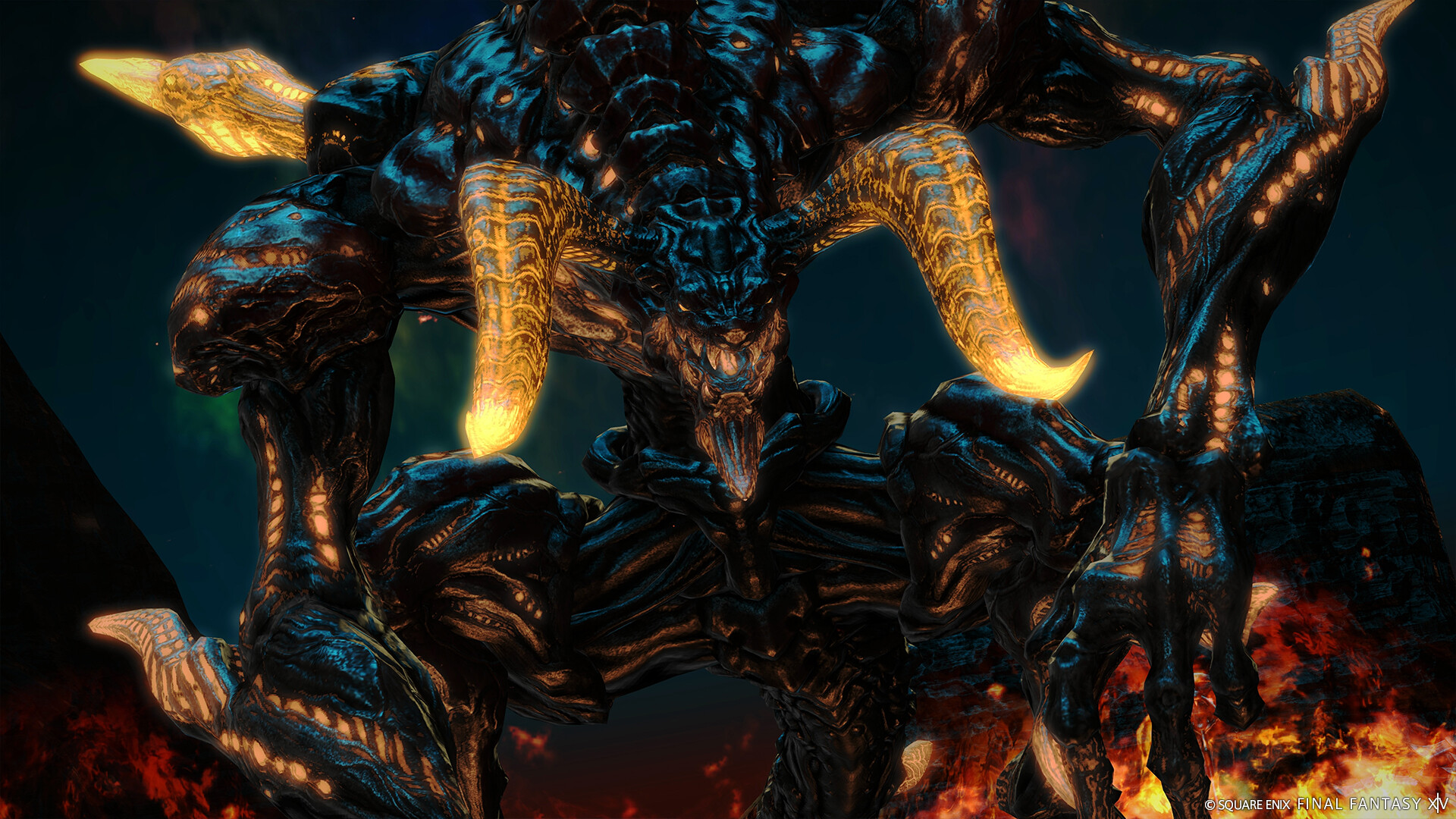 A large dark horned creature with glowing orange horns stands over flames in a Final Fantasy XIV screenshot.