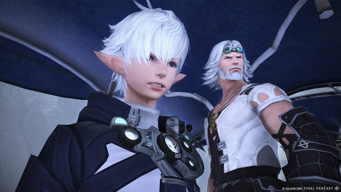 Final Fantasy XIV – two characters under a blue canopy screenshot. Image: Square Enix Two white-haired Final Fantasy XIV characters, one young with a clock-faced gauntlet and one older with goggles, look off-screen beneath a blue canopy.